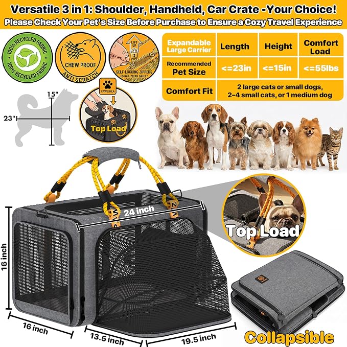 PAWZIDEA Expandable Large Pet Carrier, 24"×16"×16" Soft-Sided Cat Carrier for 2–4 Cats up 55lb, Portable & Collapsible Small Medium Dog Travel Crate for Car, XL Storage Pocket, ID Card, Shoulder Strap