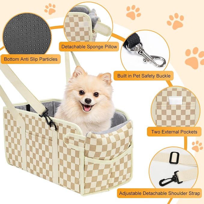 Console Dog Car Seat for Small Dogs, Foldable Booster Seat, Khaki Checkered | Portable Booster Seat Sits On Car Console/ Armrest. Foldable for Easy Storage. for Center Console, Easy To Clean.