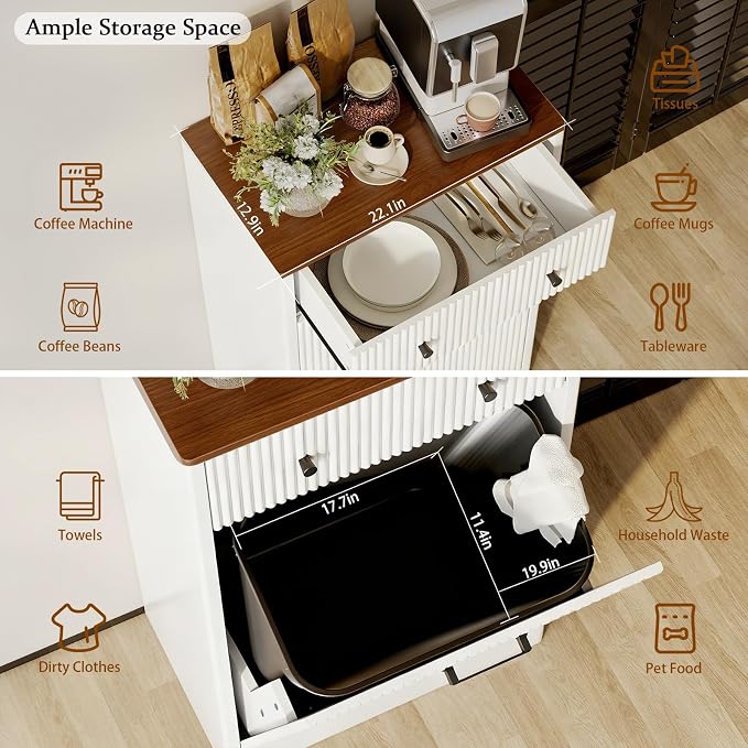 10 Gallon Tilt Out Trash Can Cabinet with Drawer - Modern Fluted Hidden Garbage Bin Holder, Curved Edge Wooden Laundry Hamper Cabinet, White