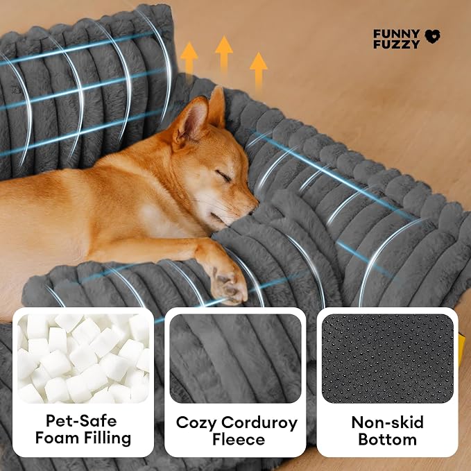 FUNNY FUZZY Dog Couch Bed, Fluffy Dog Bed Large Sized Dog Pillow, Grey | Orthopedic Supportive Meidum Large Pet Sofa, Removable Washable Cover, Non-Slip, Snoozy Dream, 39"×26.3"×15.7", Up to 55 Lbs
