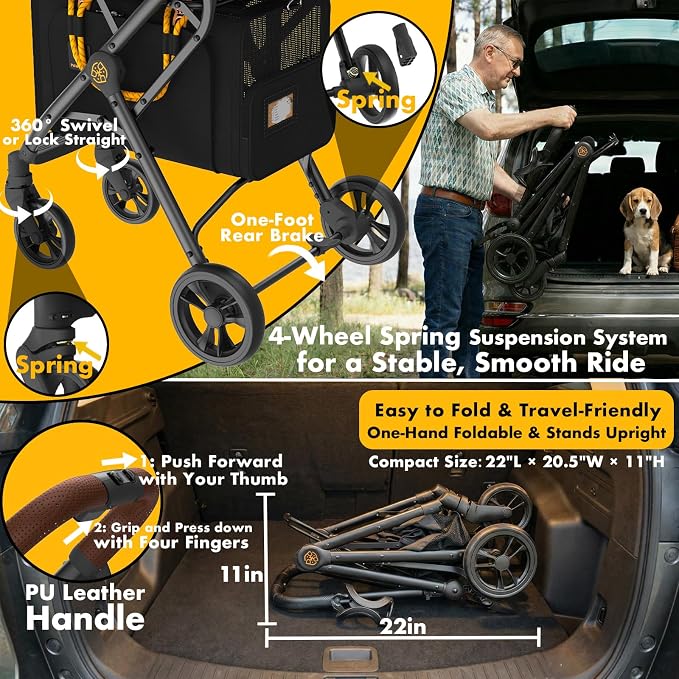 PAWZIDEA Double Pet Stroller with 2 Detachable Carrier, Lightweight Portable Travel Crate & Car Seat Combo & TSA-Approved Expandable Carrier, Foldable Jogger Stroller for 2–4 Cats or Small/Medium Dogs