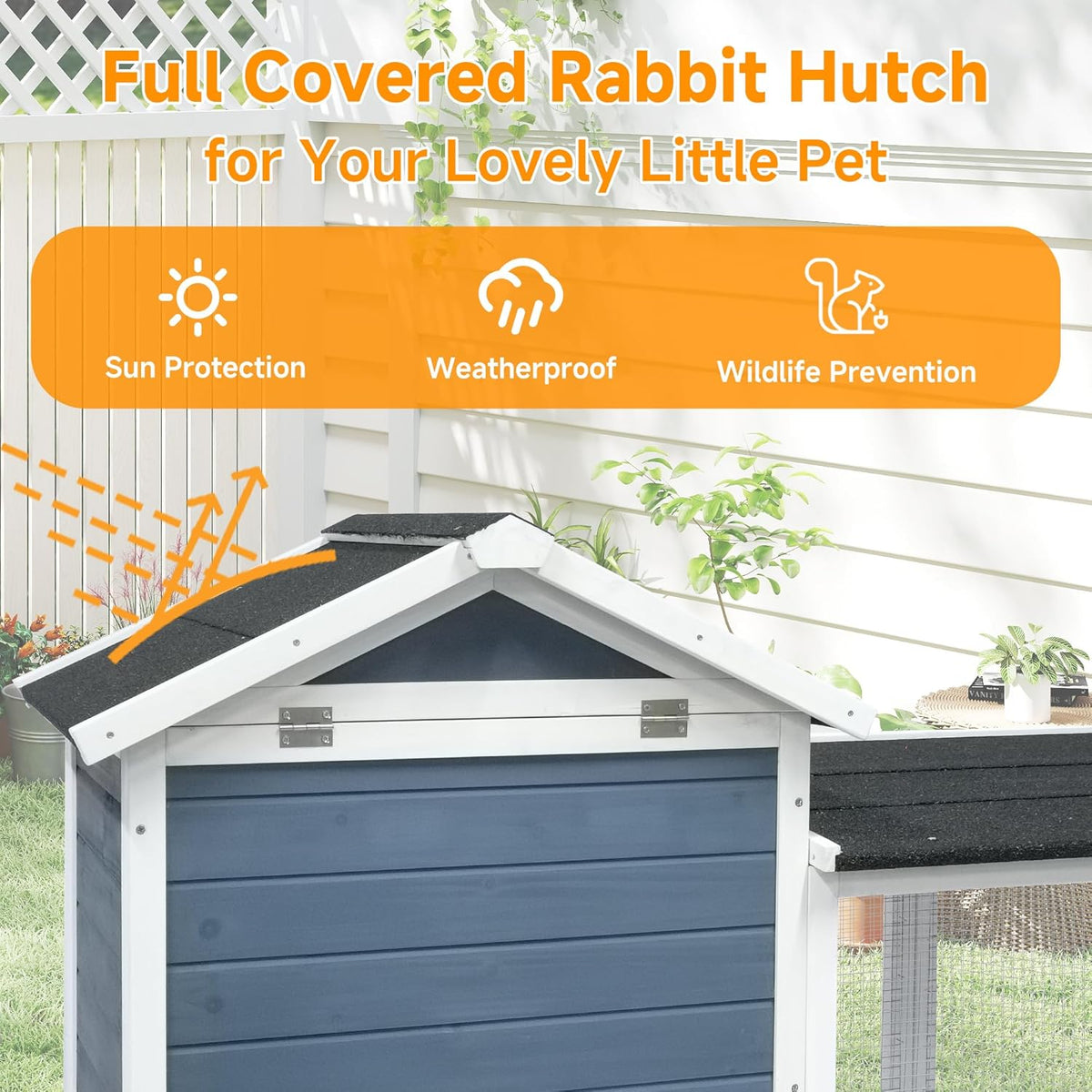 GARWOOD Large Outdoor Indoor Rabbit Hutch Wooden Bunny Rabbit Cage 2-Story with Run No-Leak Pull-Out Tray Waterproof Asphalt Roof Ramp for Guinea Pig Small Animal Wood Pet House Home Blue White