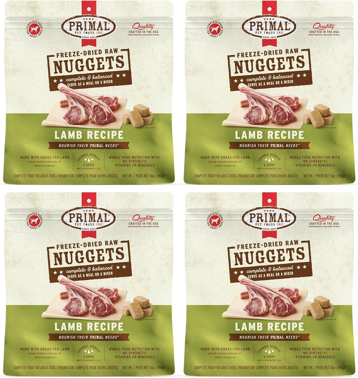 Primal Freeze Dried Raw Dog Food Nuggets, Lamb, Complete & Balanced Meal, Also Use as Topper or Treat, Premium, Healthy, Grain Free, High Protein Raw Dog Food, 14 oz (Pack of 4)