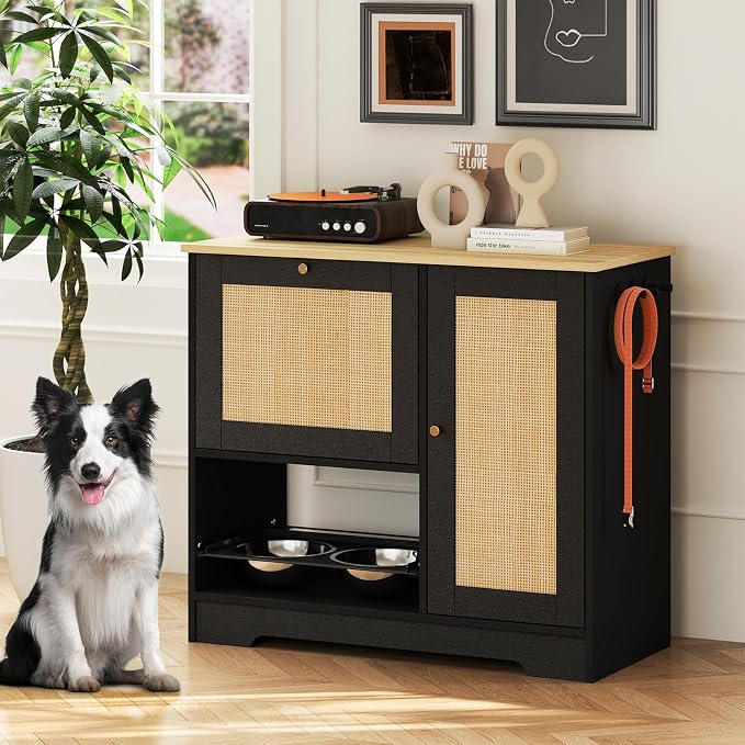 Rovibek Dog Food Storage Cabinet with 2 Raised Dog Bowls and Storage | Pet Food Cabinet Feeding Station and Dogs Food Storage Organizer with 3 Hooks for Living Room