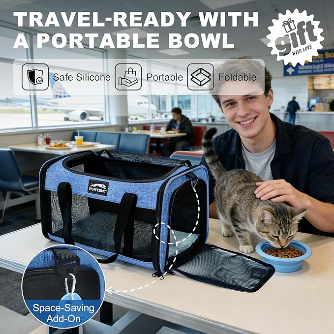 Pet Carrier Airline Approved, Soft Sided Cat Carrier for Small Pets up to 13 lbs, TSA Approved Dog Travel Bag, Portable Soft Sided Pet Carrier for Kittens and Puppies (Blue, Folding Bowl)