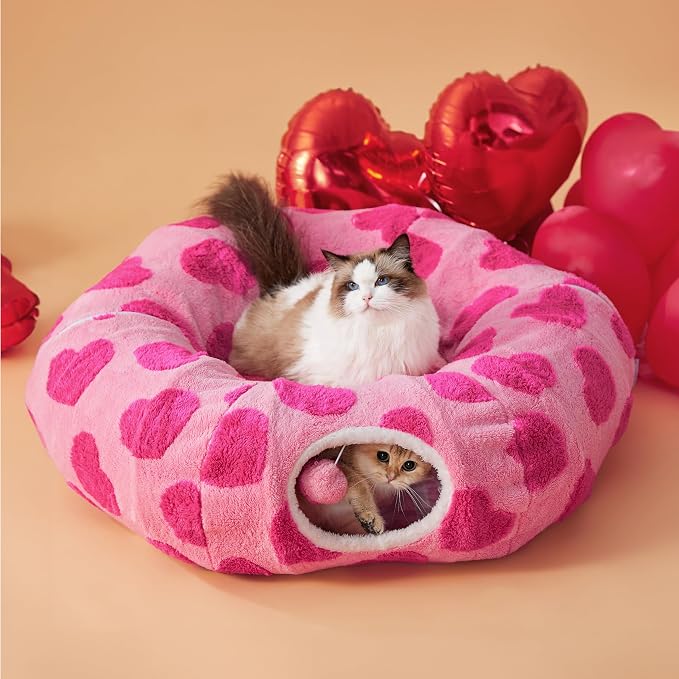 Lesure Donut Cute Jacquard Cat Tunnel Bed Kitten Toys for Puppy Bunny | 33.5x33.5x10in,Round Cat Bed Tube for Indoor Cats Rabbit Dog,Pet Peekaboo Cave Toy,Spiral Hideaway,Washable Cushion