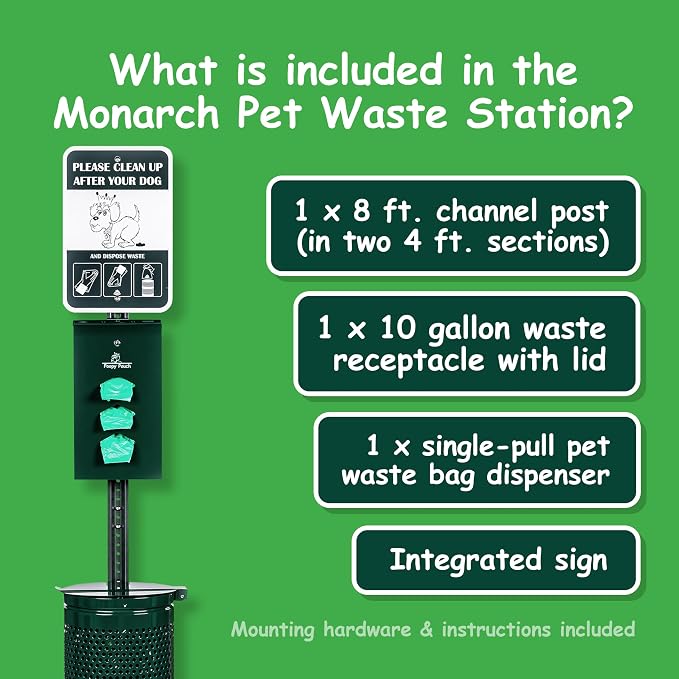 Monarch Pet Waste Station - 8ft Green Steel Dog Waste Station - Includes a Vandal-Resistant Locking Dispenser, 800 Universal Poop Bags, a 10gal Trash Receptacle w/Lid, & a 12"x18" Sign