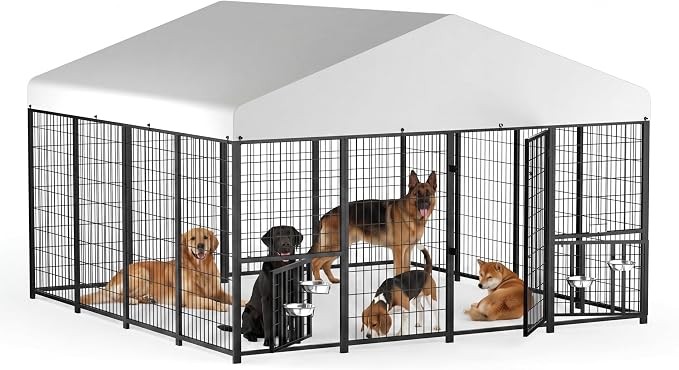 10 x 10 x 6.5 FT Outdoor Dog Kennel with Roof for Large Dogs | Large Dog Run with Rotating Feeder, 2 Stainless Steel Bowls and Double Latch Gate