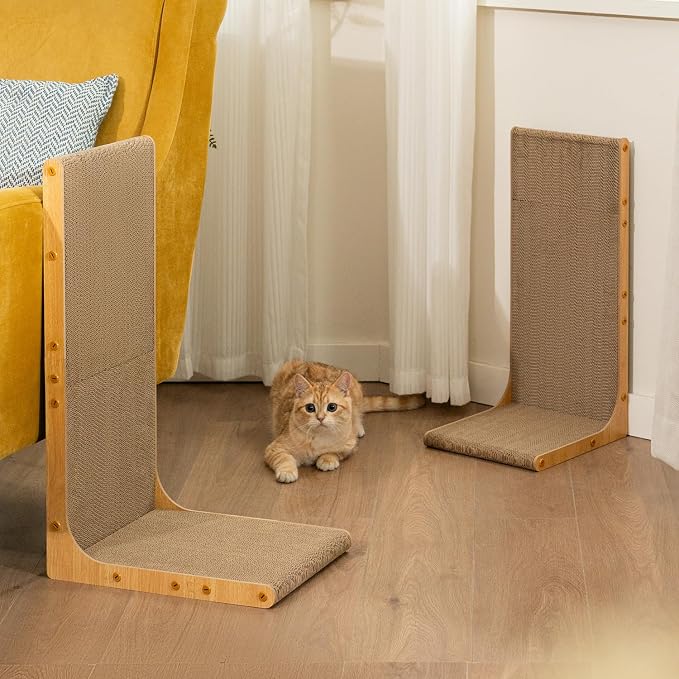 Conlun Cardboard Cat Scratcher, 23" L-Shaped Scratch Pad, Vertical Wall-Leaning Scratching Board to Protect Furniture for Indoor Cats,Wood Grain Large,2-Pack