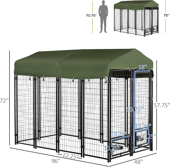 PawHut 8' x 4' x 6' Dog Kennel Outside, Welded Wire Outdoor Dog Kennel Run with 360° Rotating Bowls, Waterproof & UV Resistant Cover, for S&M&L Breeds, Chickens, Ducks, Green | Welded Wire Dog Kennel Outside Run, Waterproof & UV Resistant Cover, for S&...