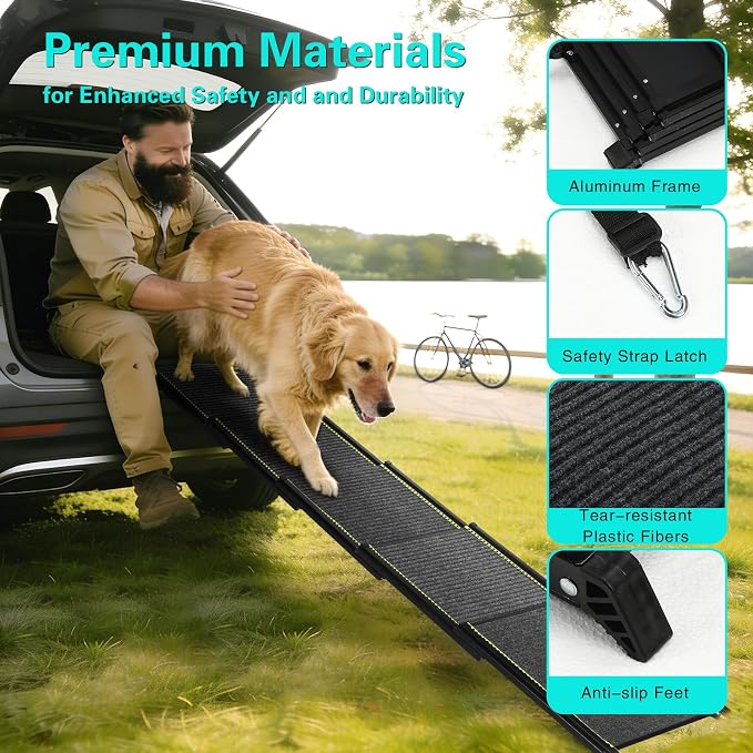 CypherX 71" Dog Ramp for Car SUV, Portable Folding Pet Ramp for Large Dogs | Gentle Incline Dog Car Ramp, Non-Slip Carpet Surface, Telescoping Anti-Pinch Pet Stairs, Sturdy Aluminum Supports 250lbs