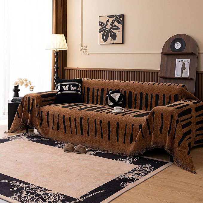 VClife Aztec Couch Cover for Sofa, Thick Plush Jacquard Couch Cover for Sectional Sofa, Breathable Washable Sofa Slipcover for Dog, Bohemian Moroccan White Pumpkin Slip Cover 71"X150"