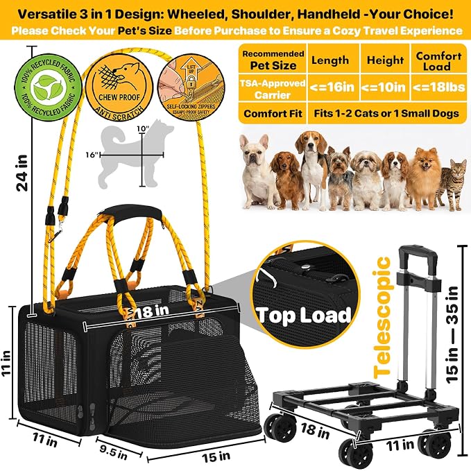 PAWZIDEA Expandable Pet Carrier with Wheels, 18"x11"x11" TSA Airline Approved Cat Carrier for 2 Cats Under Seat, Collapsible Soft-Sided Small Dog Rolling Travel Bag with Telescopic Handle, Up to 18lbs