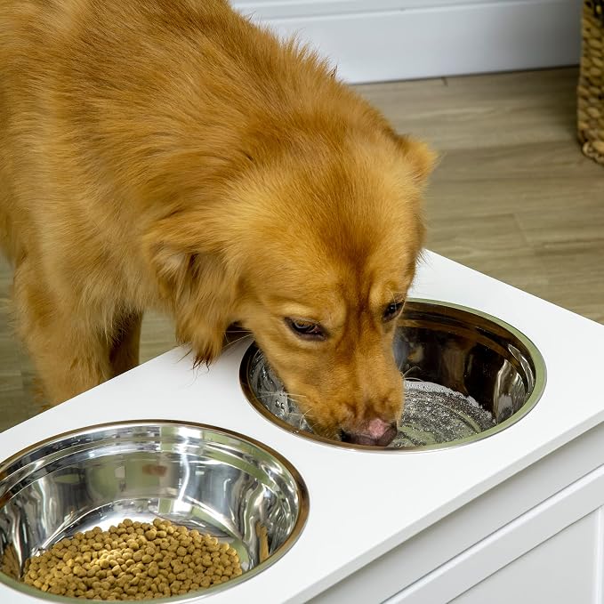 PawHut Large Elevated Dog Bowls with Storage Cabinet Containing Large 44L Capacity, Raised Dog Bowl Stand Pet Food Bowl Pet Feeding Station, Brown | Raised Dog Bowl Stand, Pet Food Bowl, Pet Feeding Station