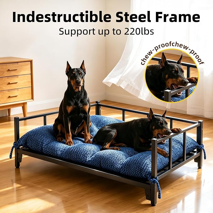Indestructible Elevated Steel Dog Bed Frame 47"x 27"x 12" with Washable Cushion Mat, Raised Pet Cot Supports 220lbs Large Size Dog,Sturdy, Durable, No-Slip Feet, for Indoor & Outdoor,Matte Black
