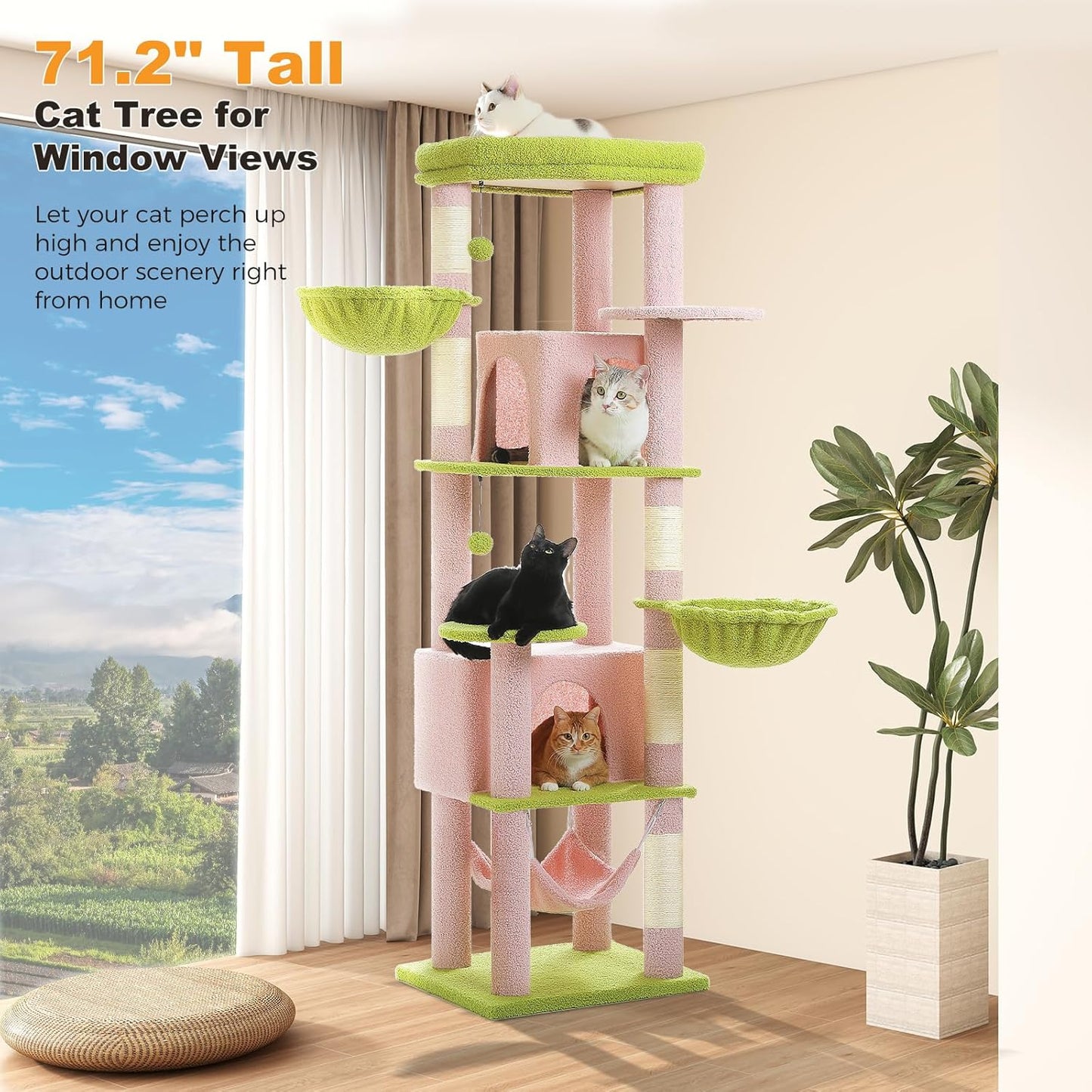 71.2" Large Cat Tree for Multi-Cat Households - Heavy-Duty 9-Level Cat Tower w/5 Sisal Scratching Posts, 2 Condos, 3 Hammocks, Extra-Large Perch & Pompoms - Space-Saving, Pink