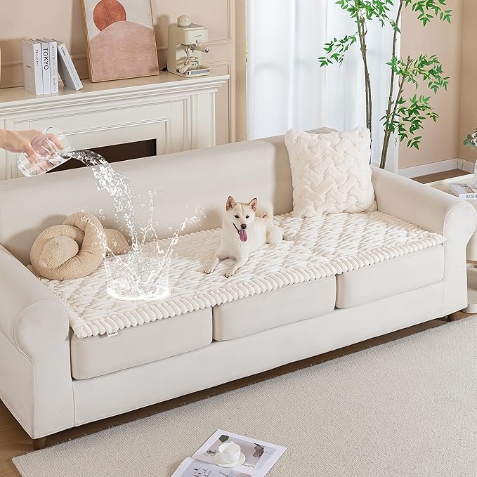 PuTian 100% Waterproof Fuzzy Couch Cover for Dogs White 27.6"x82.7" | Pet Friendly Dog Mat for Couch, Waterproof Sofa Protector, Scratch Resistant Furniture Cover for Dogs, Machine Washable
