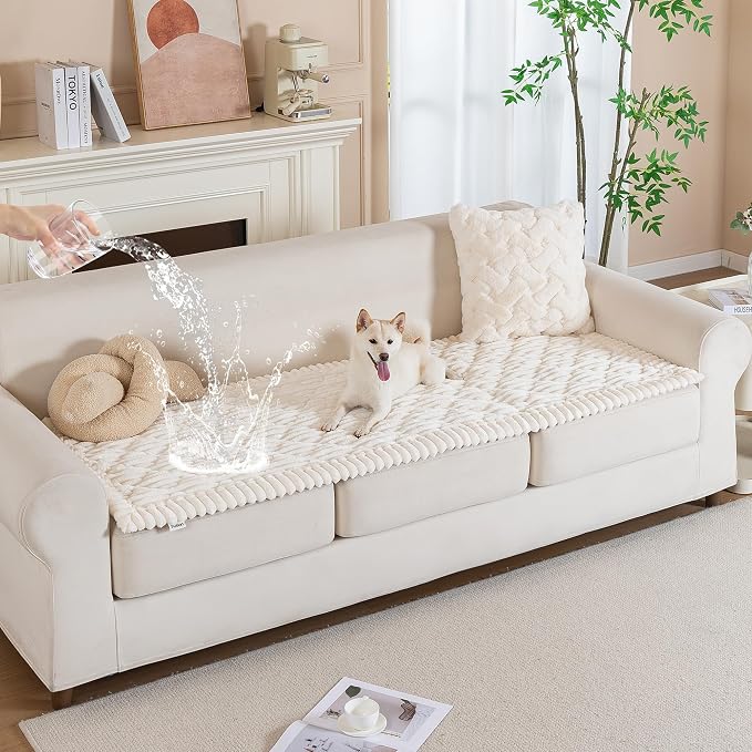 PuTian 100% Waterproof Fuzzy Couch Cover for Dogs White 27.6"x59" | Pet Friendly Dog Mat for Couch, Waterproof Sofa Protector, Scratch Resistant Furniture Cover for Dogs, Machine Washable