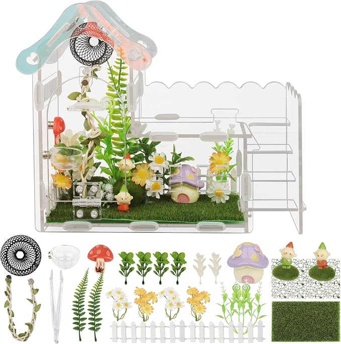 29-in-1 Jumping Spider Enclosure Kit, Acrylic Arboreal Terrarium with Magnetic Front Opening & Sliding Top, Staircase Mushroom Decor, Small Reptile Habitat for Mantis Tarantula Snail