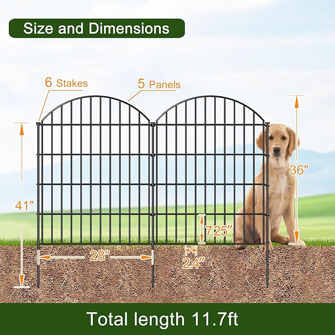 FOREHOGAR Metal Garden Fence 36in (H) x 11.7ft (L), 5 Panels +6 Stakes Dog Fence Border Fence Animal Barrier, No Dig Garden Fencing for Yard Flower Bed Lawn Patio Outdoor,CTW3605 Black
