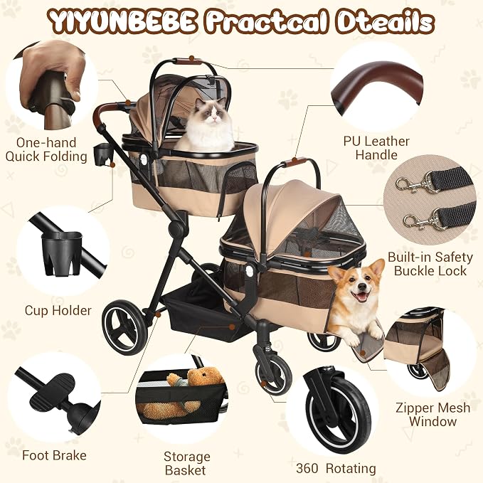 Foldable Double Pet Stroller for 2 Small Medium Cats Dogs | Convertible single/double | Detachable carriers | All-terrain wheels & shock | Safety brakes & tether | Breathable oxford