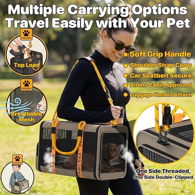 PAWZIDEA Expandable Pet Carrier Airline Approved, 18"×11"×11" Small Dog Carriers, Collapsible Top-Load Cat Carrier for 2 Cats Under Seat, Soft-Sided Puppy & Animal Travel Bag, ID Card, Up to 15lbs