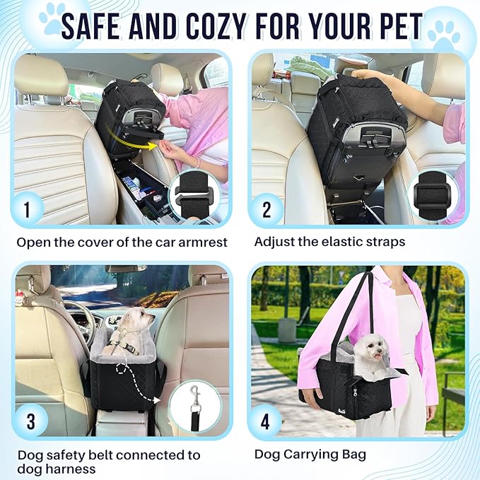 SlowTon Console Dog Car Seat - Portable Center Dog Car Seat for Small Dogs up to 9 lbs, Washable Pet Carseat with Soft Cushion Safe Protection Hooks & Storage Pocket, Black