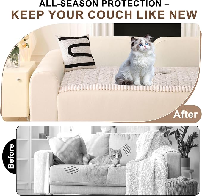 OTOB Couch Cover for Dogs Washable Non Slip Plush Sofa Covers for 3 Cushion Couch, All Seasons Fuzzy Kids Pet Friendly Sofa Slipcovers Furniture Protector Bed Mat (Cream, 27.6" x 70.9")