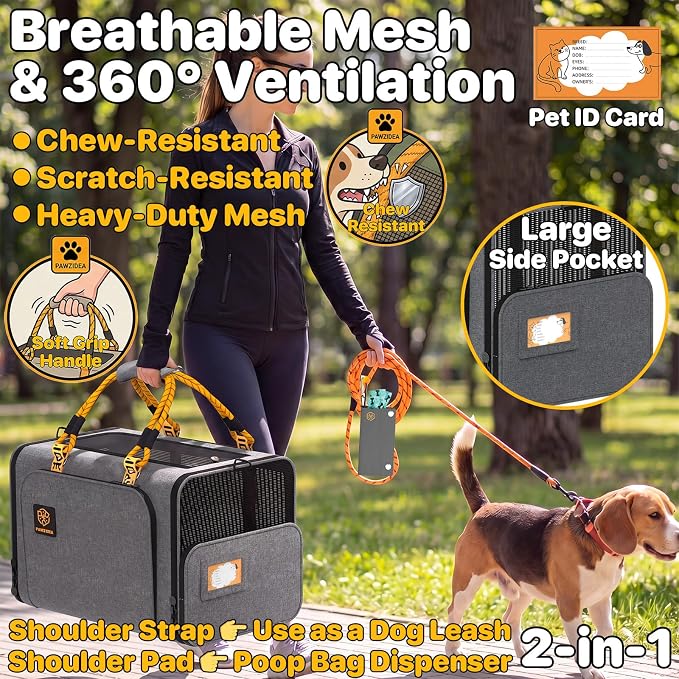 PAWZIDEA Expandable Large Pet Carrier, 24"×16"×16" Soft-Sided Cat Carrier for 2–4 Cats up 55lb, Portable & Collapsible Small Medium Dog Travel Crate for Car, XL Storage Pocket, ID Card, Shoulder Strap