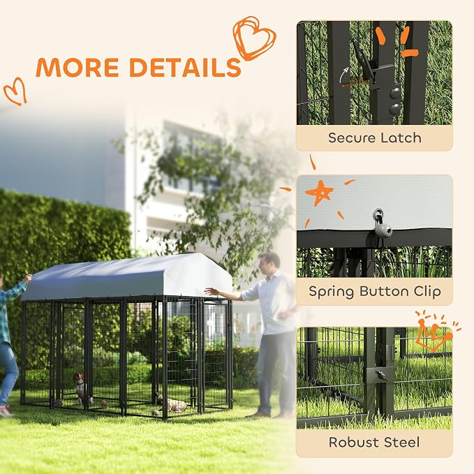 PawHut Outdoor Dog Kennel with 2 Rooms, 8' x 4' x 6' Heavy Duty Welded Wire Dog Playpen Enclosure with Escape-Proof Lock, UV-Resistant & Waterproof Cover, for Large Dogs, Chickens, Ducks, Silver | Heavy Duty Welded Wire Dog Playpen Enclosure, Escape-pr...