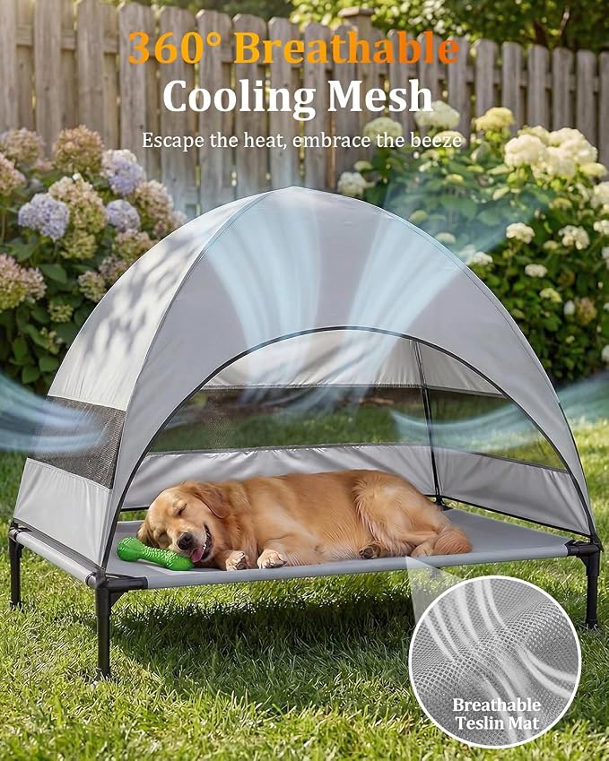 Elevated Dog Bed with Canopy - 3-Sided UV Protection Pet Tent with Wider Shade, Raised Cooling Outdoor Dog Cot with Breathable Mesh for Medium Large Dogs, Portable Pet Bed for Camping, Patio (Grey, L)