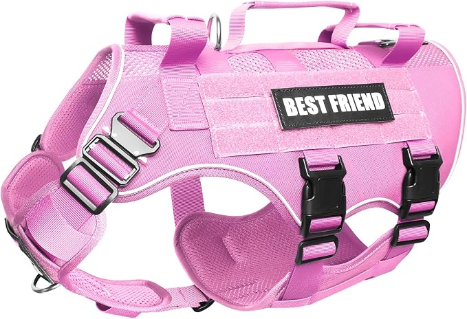 Air Mesh Tactical Dog Harness with Metal Buckles&MOLLE,Pink Large | Breathable Adjustable No Pull Service Dog Vest with 3 Padded Handles,Military Dog Harness for Training Hiking Hunting Working