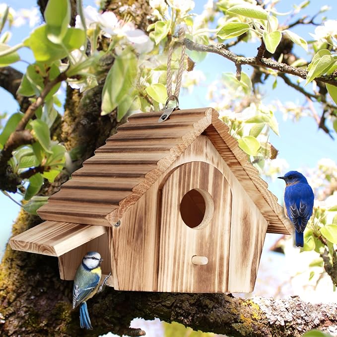 CLACKIBUKVYZ Bird Houses for Outside,Hanging Outdoor BirdHouses,Wood Bird Nesting Box House for Bluebird Humming Finch Wren Cardinals Garden