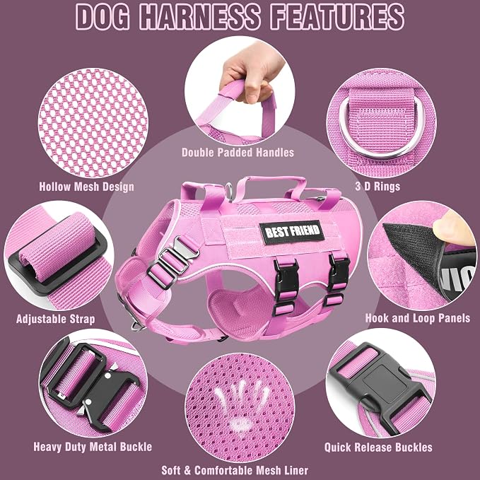 Air Mesh Tactical Dog Harness with Metal Buckles&MOLLE,Pink XL | Breathable Adjustable No Pull Service Dog Vest with 3 Padded Handles,Military Dog Harness for Training Hiking Hunting Working