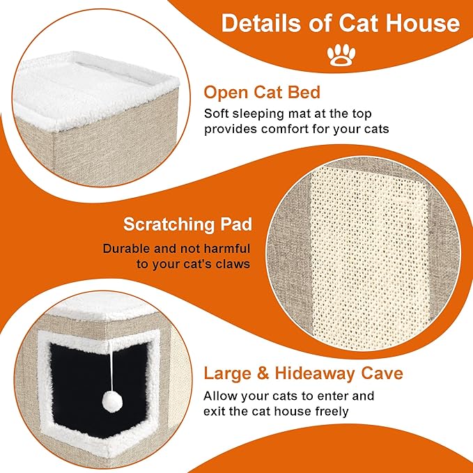 Loyareal Cat Houses for Indoor Cats - Large Cat Bed Cave with Scratch Pad and Fluffy Ball, Foldable Cat Condo Hideaway with Reversible Cushion for Multi Small Pet, Khaki