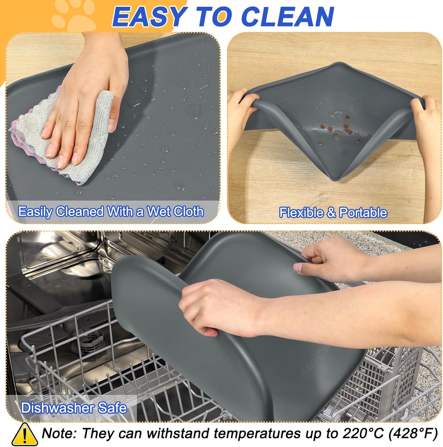 Silicone Pet Feeding Mat with Raised Edge for Food and Water, Dog Bowl Mats, Cat Bowls Placemat with High Lip for Floor Waterproof, Rubber Tray for Cats and Dogs 24 x 16 x 0.8 Dark Grey