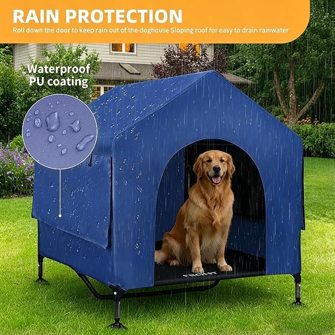 Dog House, 42” Large Dog Houses Outdoor Indoor Elevated Dog Cot Bed | 2-in-1 Outside Dog Tent Shade, Three-Sided Breathable Mesh Windows, Easy to Install, Waterproof Canopy, Non-Slip Feet