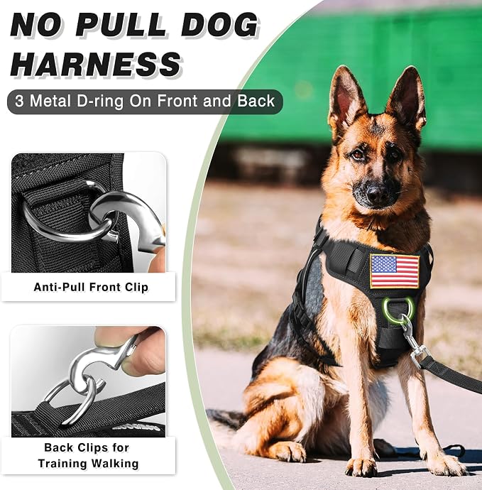 Tactical Dog Harness and Leash Set with Metal Buckles+10 Patches | Heavy Duty Service Dog Vest ,Adjustable Harness for Large Sized Dogs,No Pull Front Back Clips,for Training Hiking,Black L