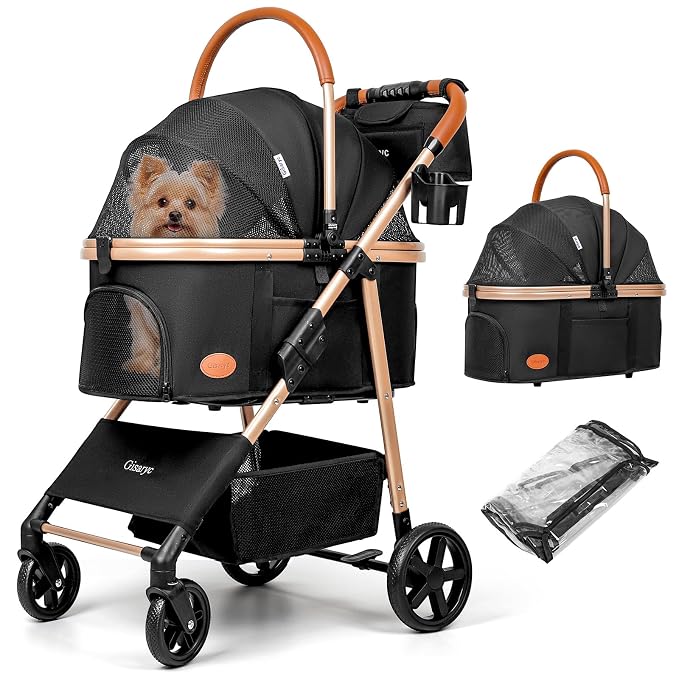 Dog Cat Stroller for Small/Medium Pets up to 50 lbs, 3-in-1 Foldable Pet Stroller with Detachable Carrier, Car Seat, Storage Basket, Cup Holder, Hanging Bag, Rain Cover, All-Terrain 4 Wheels (Black)