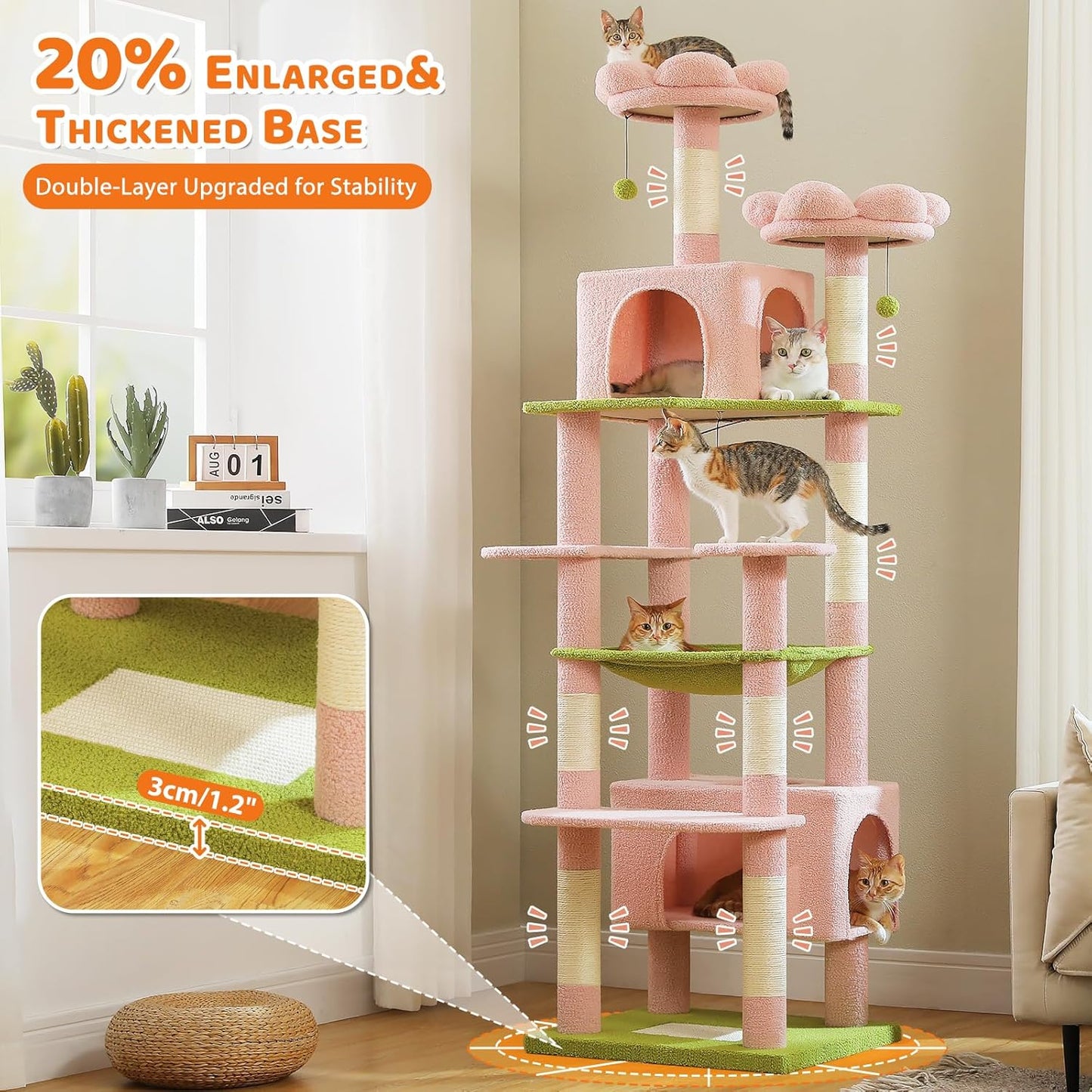 PAWZ Road Flower Cat Tree for Large Cats, 81 Inches Pink Tall Cat Tower with 2 Perches, 2 Condos and Spacious Hammock, XL Extra Large Condo with 7 Scratching Posts for 20lb+ Adult Cats