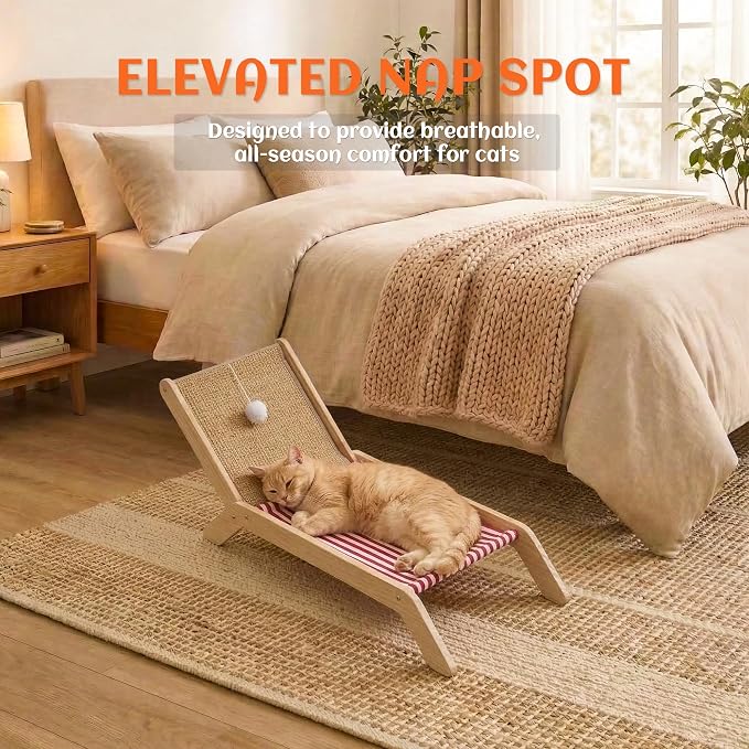 PETKARAY Cat Hammock with Coconut Palm Tree Scratching Post, Cozy Beach Chair Elevated Cat Beds, Original Lounger for Indoor Cats