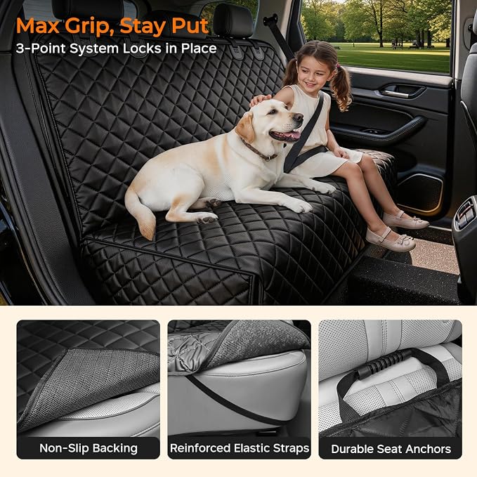 URPOWER Dog Car Seat Cover for Back Seat - Waterproof Non-Slip Car Seat Protector for Dogs Pet, Scratchproof Back Bench Seat Covers for Full-Size SUVs & Pickup Trucks, Black
