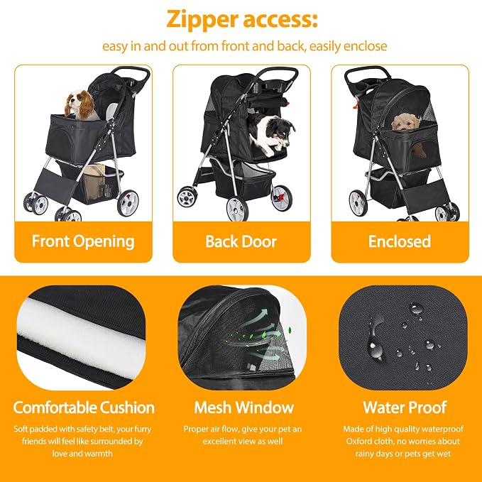 Pet Stroller for Dogs, Black 4 Wheels Cat Strolling Cart Foldable Travel Carrier, Waterproof Puppy Jogger Stroller with Storage Basket & Cup Holder