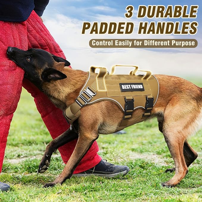Air Mesh Tactical Dog Harness with Metal Buckles&MOLLE,Brown Large | Breathable Adjustable No Pull Service Dog Vest with 3 Padded Handles,Military Dog Harness for Training Hiking Hunting Working