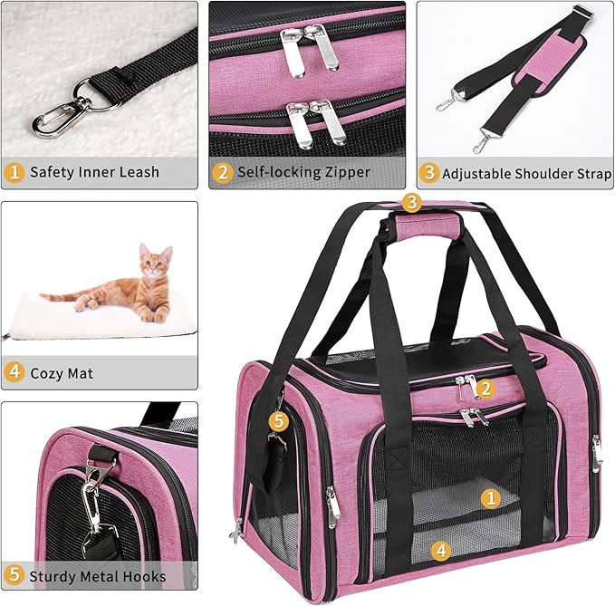 Soft-Sided Cat/Dog/Pet Carrier, Collapsible Pets Travel Carriers for Big Cats/Small Dogs with Shoulder Strap & Removable Mat, Mesh Puppy Carry Bag, Up to 25 Lbs (Pink)