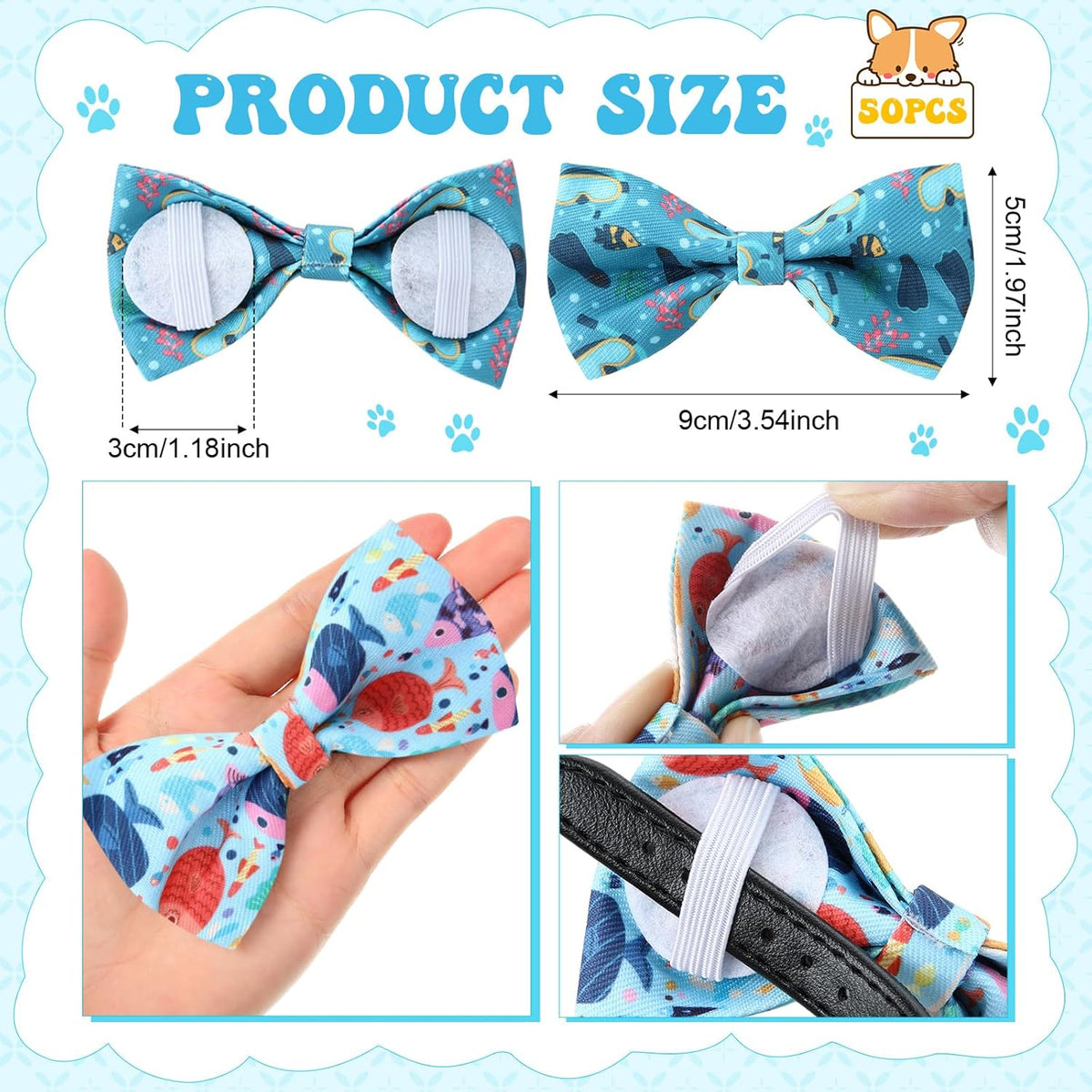 Reginary 50 Pieces Dog Bow Ties Pet Collar Bow Puppy Collar Attachment with Rubber Bands for Small Medium Cat Pet Grooming Charms Accessories Wedding Birthday Occasion(Sea Style)