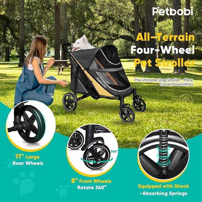 Petbobi Dog Stroller for Large & Medium Dogs - Easy Fold Dual Entry Pet Stroller with One-Foot Brake, All Terrain Wagon Cart with Air Mesh, Ideal for Large Senior Pets up to 80 lbs, Black
