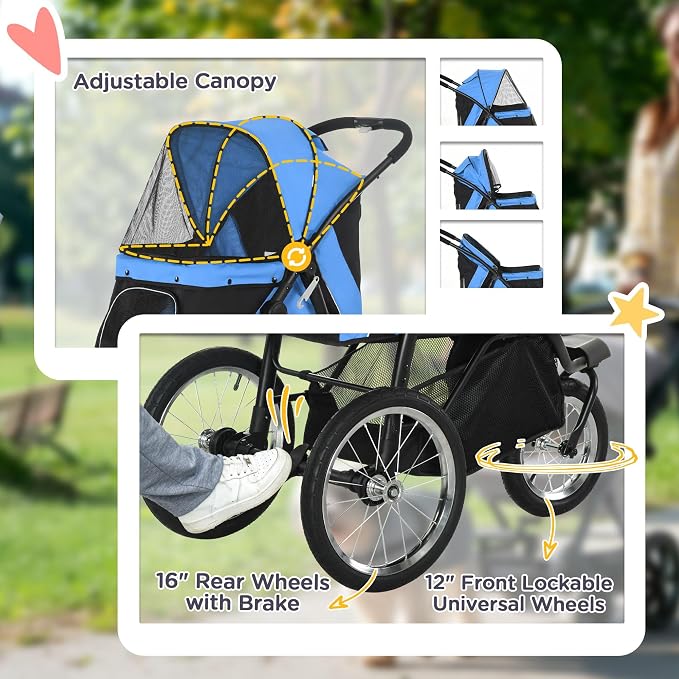 PawHut 3 Wheels Pet Stroller, Foldable Dog Stroller with Adjustable Canopy, Safety Tether, Cushion, Storage Basket, Portable Jogger for Small and Medium Dogs and Cats, Blue