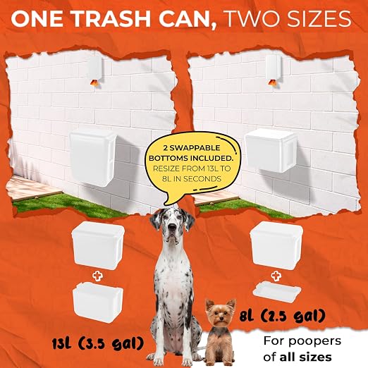 PEXTER Outdoor Dog Poop Trash Can Outside - Wall Mounted Dog Waste Bin & Garbage Can, 2-in-1 Converts 13L to 8L (3.5/2.1 Gal), Pet Waste Container for Dogs - Includes 15 Heavy Duty Bags (White)