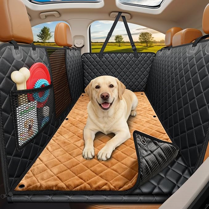 URPOWER Hard Bottom Dog Car Seat Cover, Back Seat Extender with Blanket | 2 in 1 Design, Non-Slip Blanket, 400 lbs Support, 40% More Space, Waterproof, Fits Cars & SUVs, Mesh Window, Easy Care